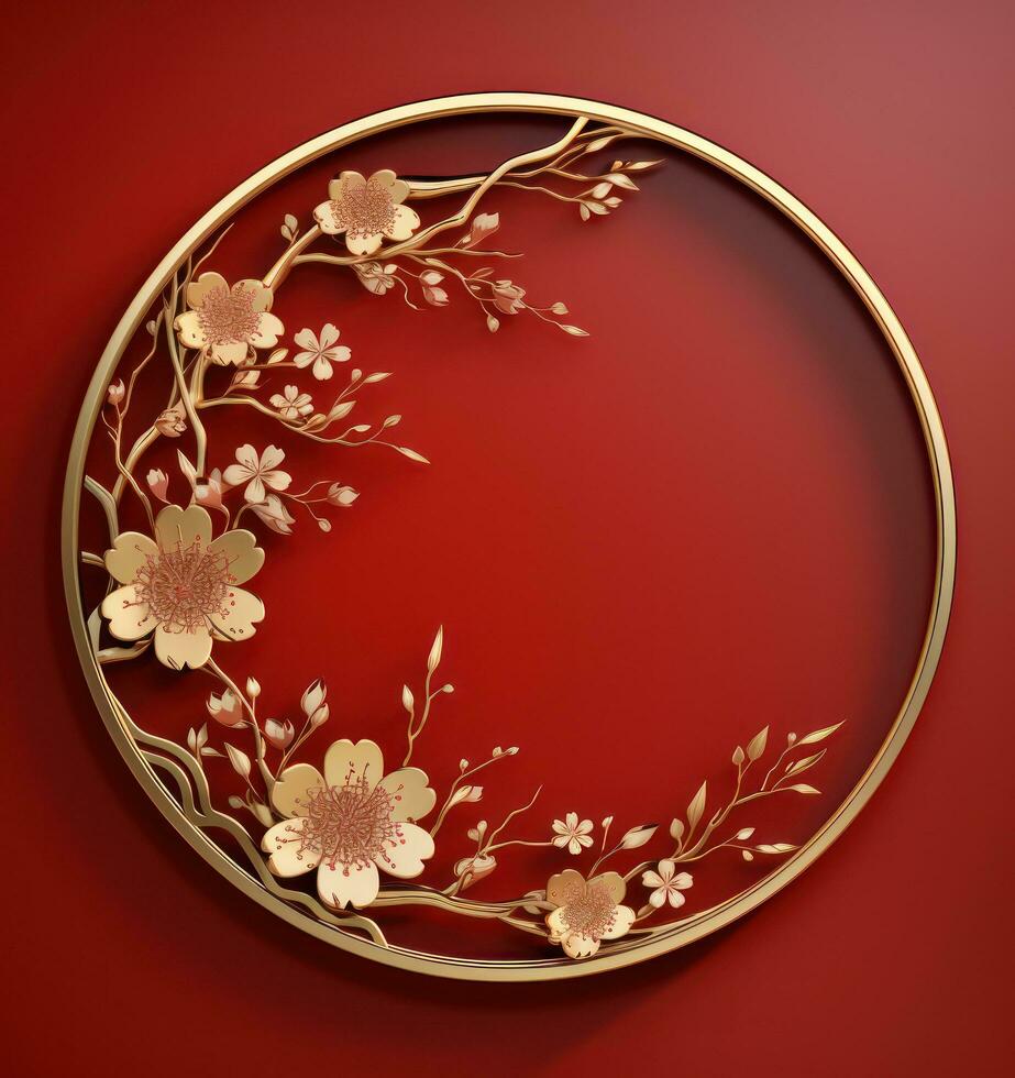 gold frame with floral decoration on red background photo