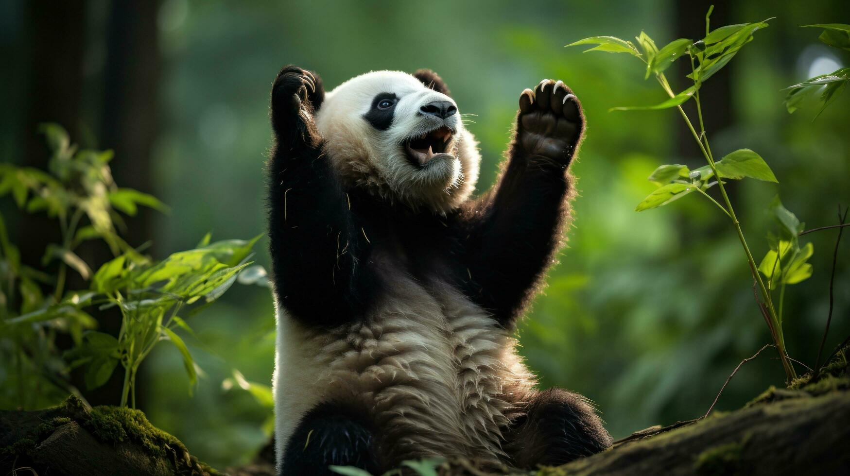 A panda standing on its hind legs, reaching up to grab some bamboo photo