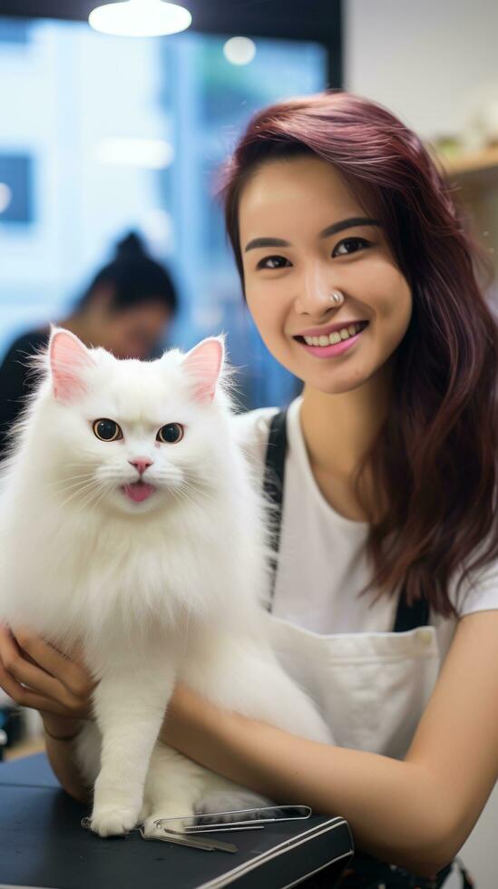 Fluffy white cat enjoying a grooming session with a smiling owner. photo