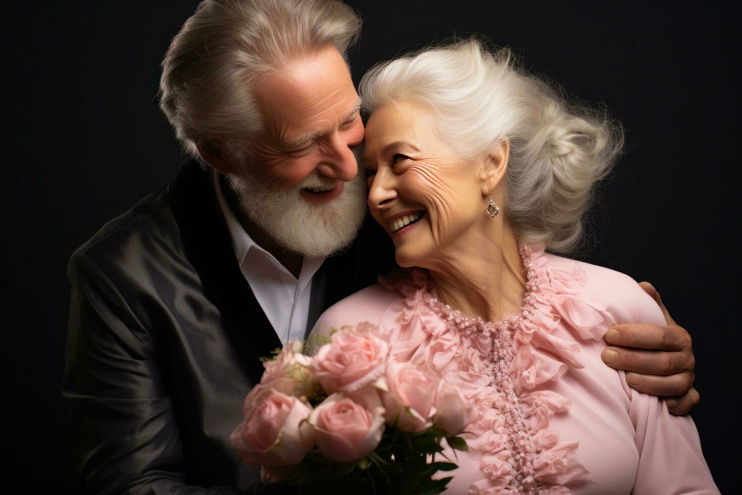 senior couple enjoying a bouquet each other love photo