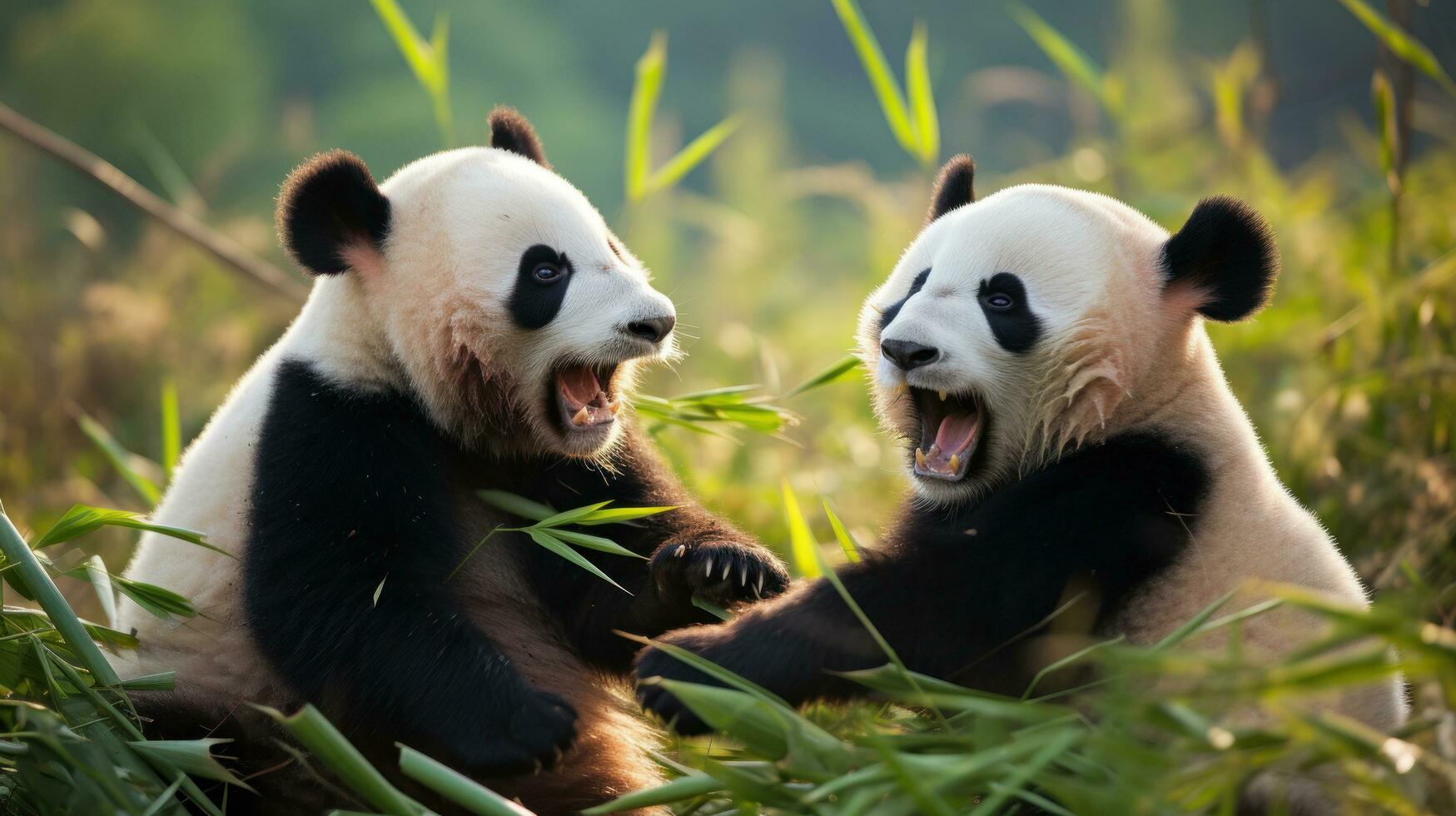 Two pandas playfully wrestling in a grassy field photo