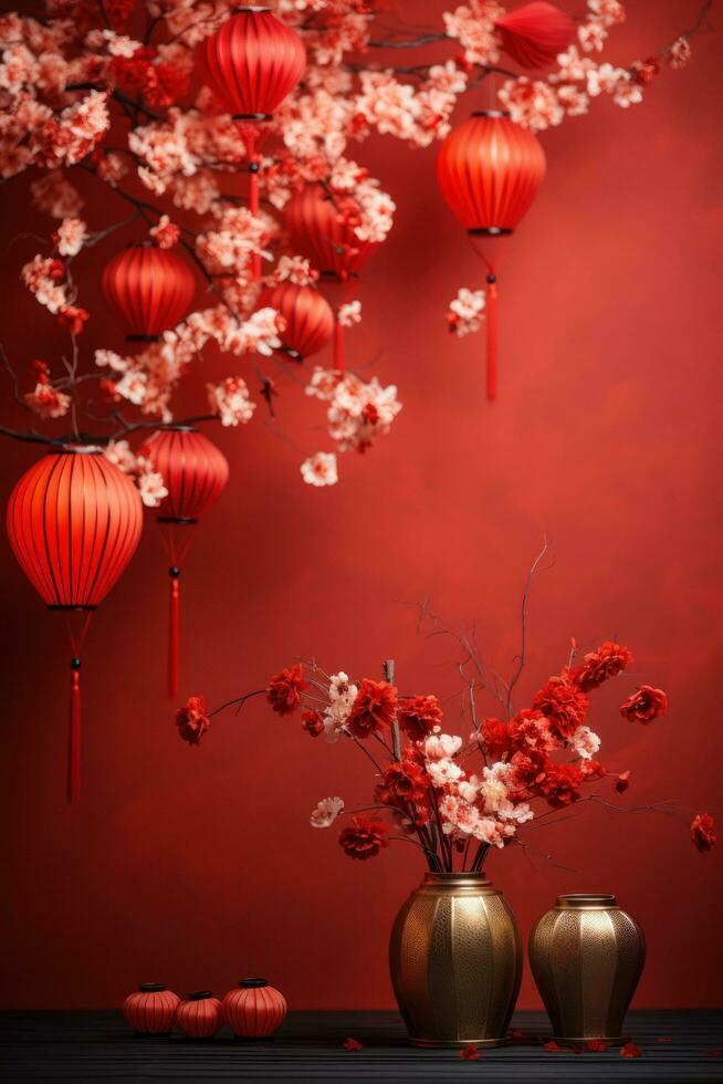 chinese lanterns with fan background on a red background photo