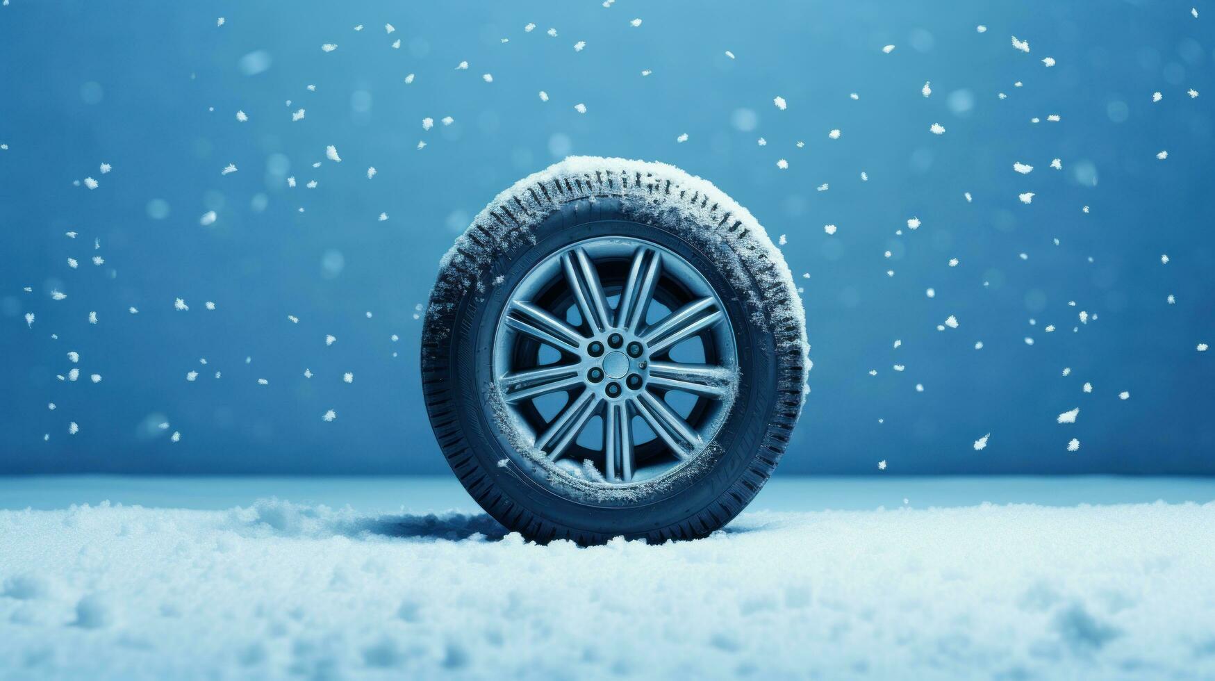 Car tire with realistic snowflakes on blue background photo