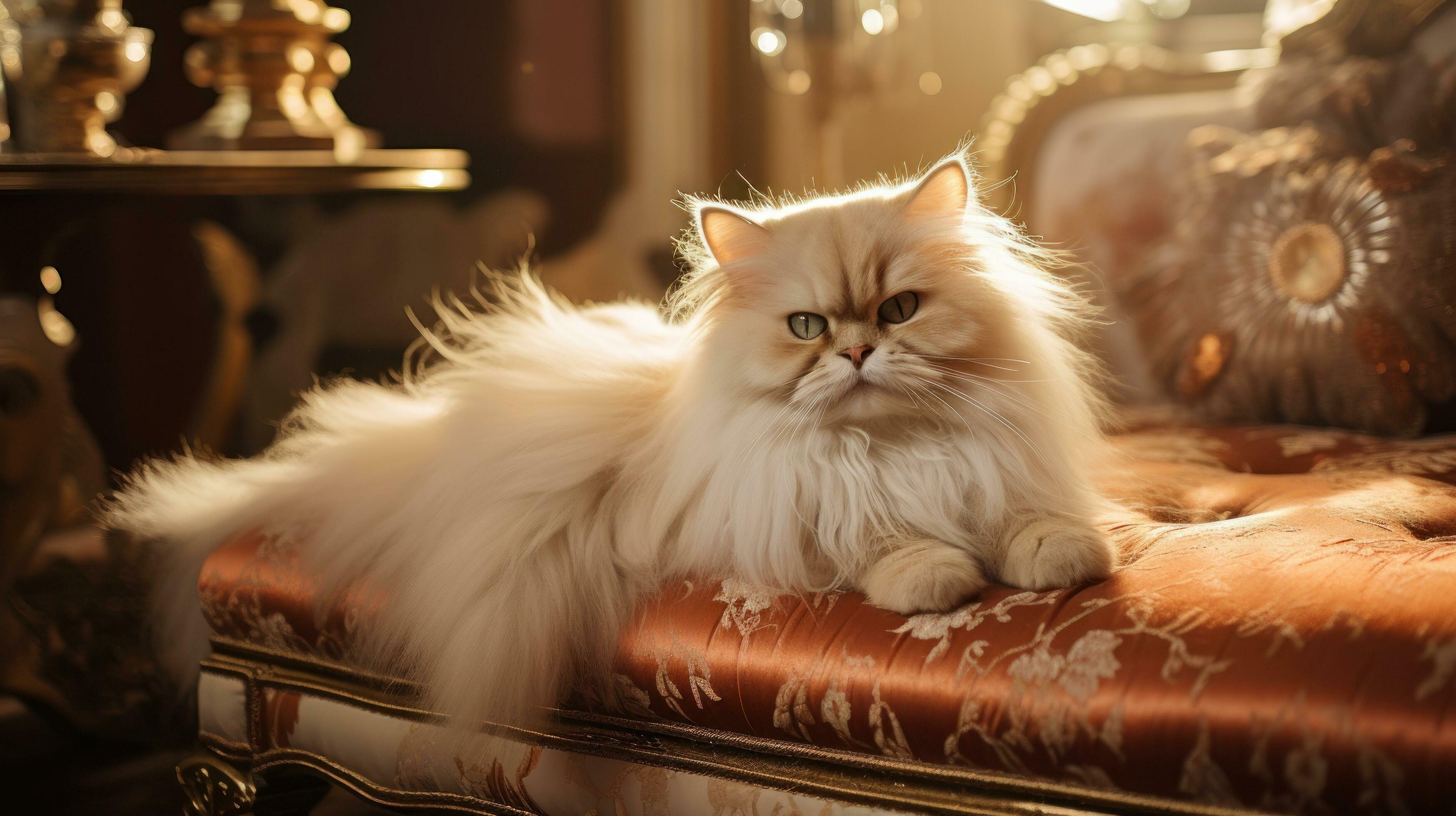 Regal Persian cat being brushed with a golden comb in a luxurious