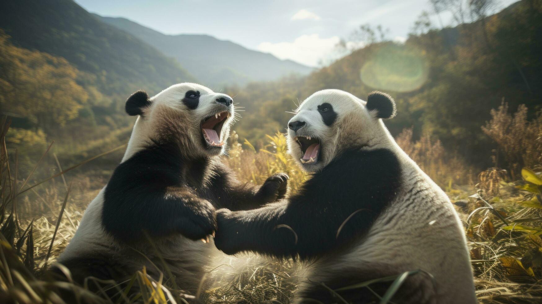 Two pandas playfully wrestling in a grassy field photo