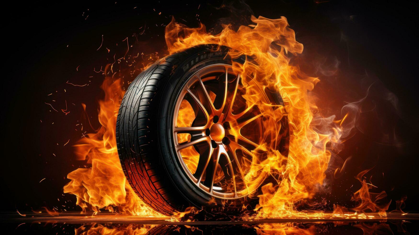 Car tire in fire on black background with large copy space photo