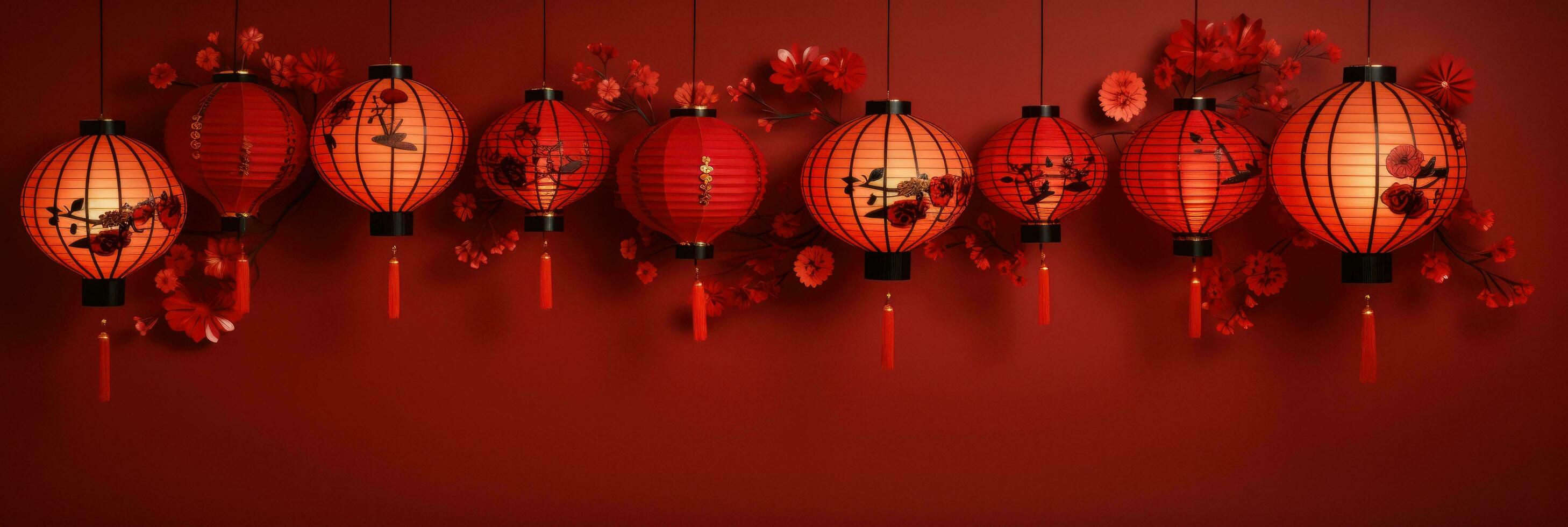 chinese lanterns with fan background on a red background photo