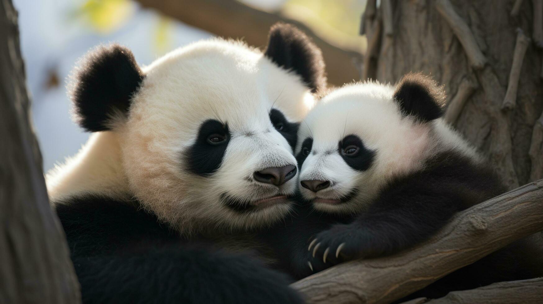 A mother panda and her cub snuggled up together for a nap photo