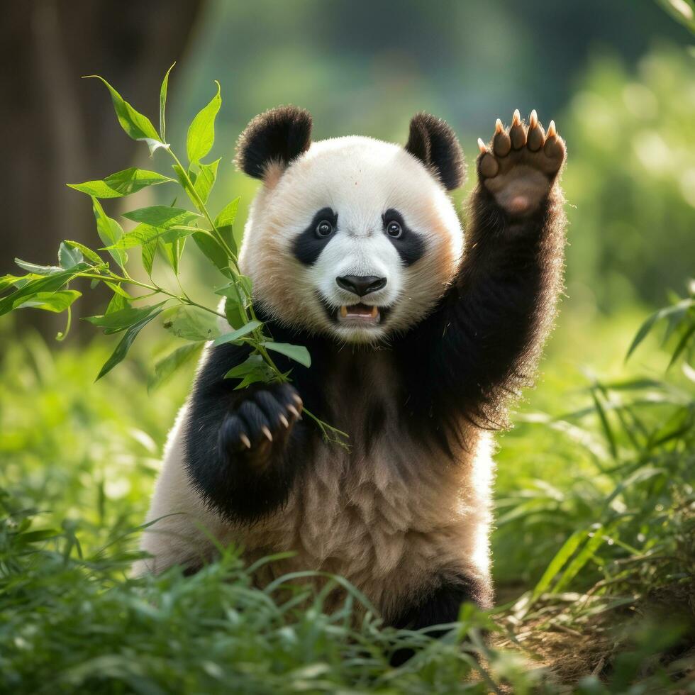 A panda standing on its hind legs, reaching up to grab some bamboo photo