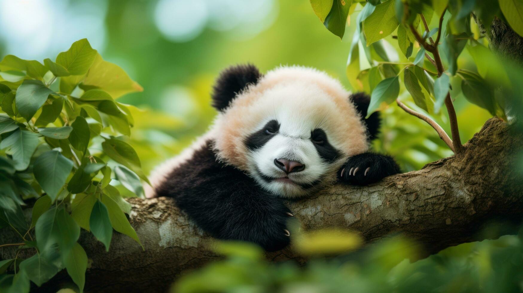 un bebé panda siesta en un árbol rama, rodeado por lozano verdor foto