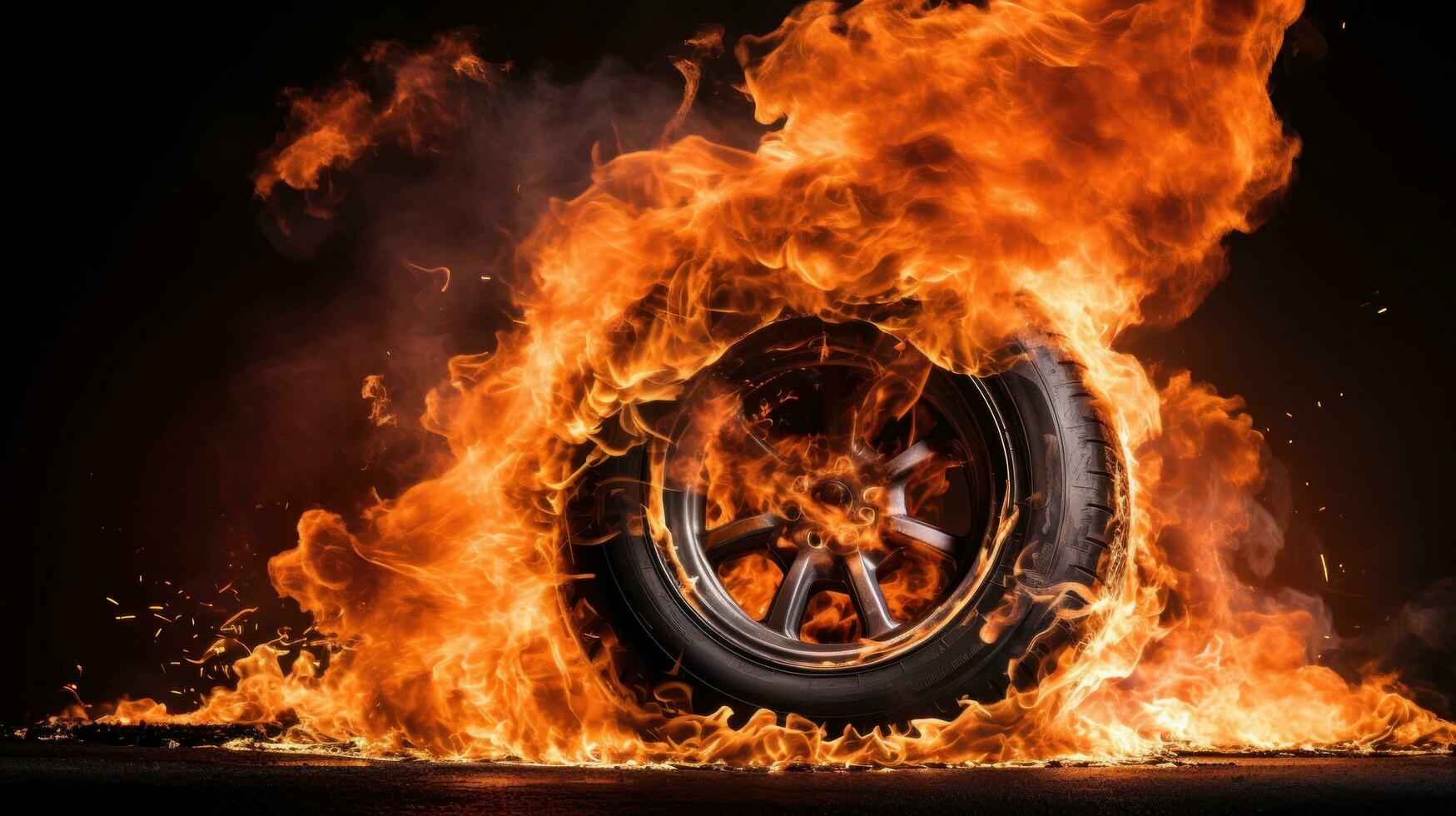 Car tire in fire on black background with large copy space photo