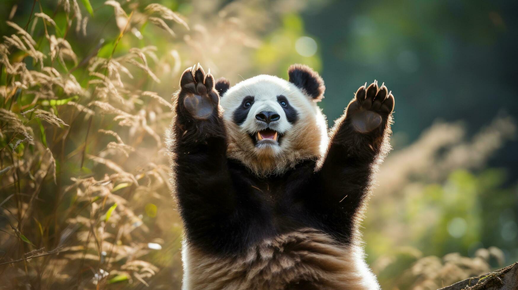 A panda standing on its hind legs, reaching up to grab some bamboo photo