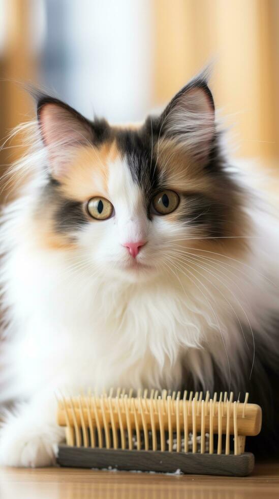 Cute calico cat being combed with a wooden brush in a cozy setting photo