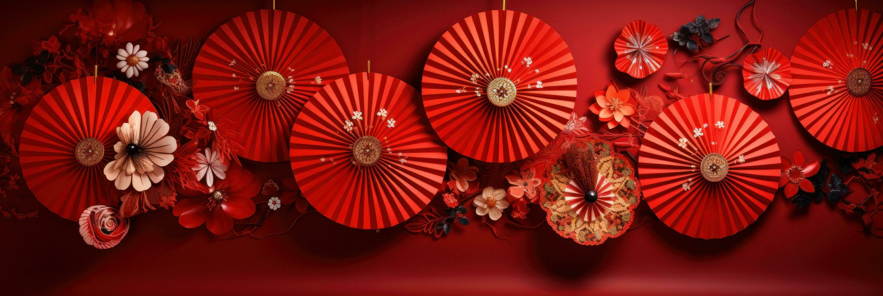 chinese lanterns with fan background on a red background photo