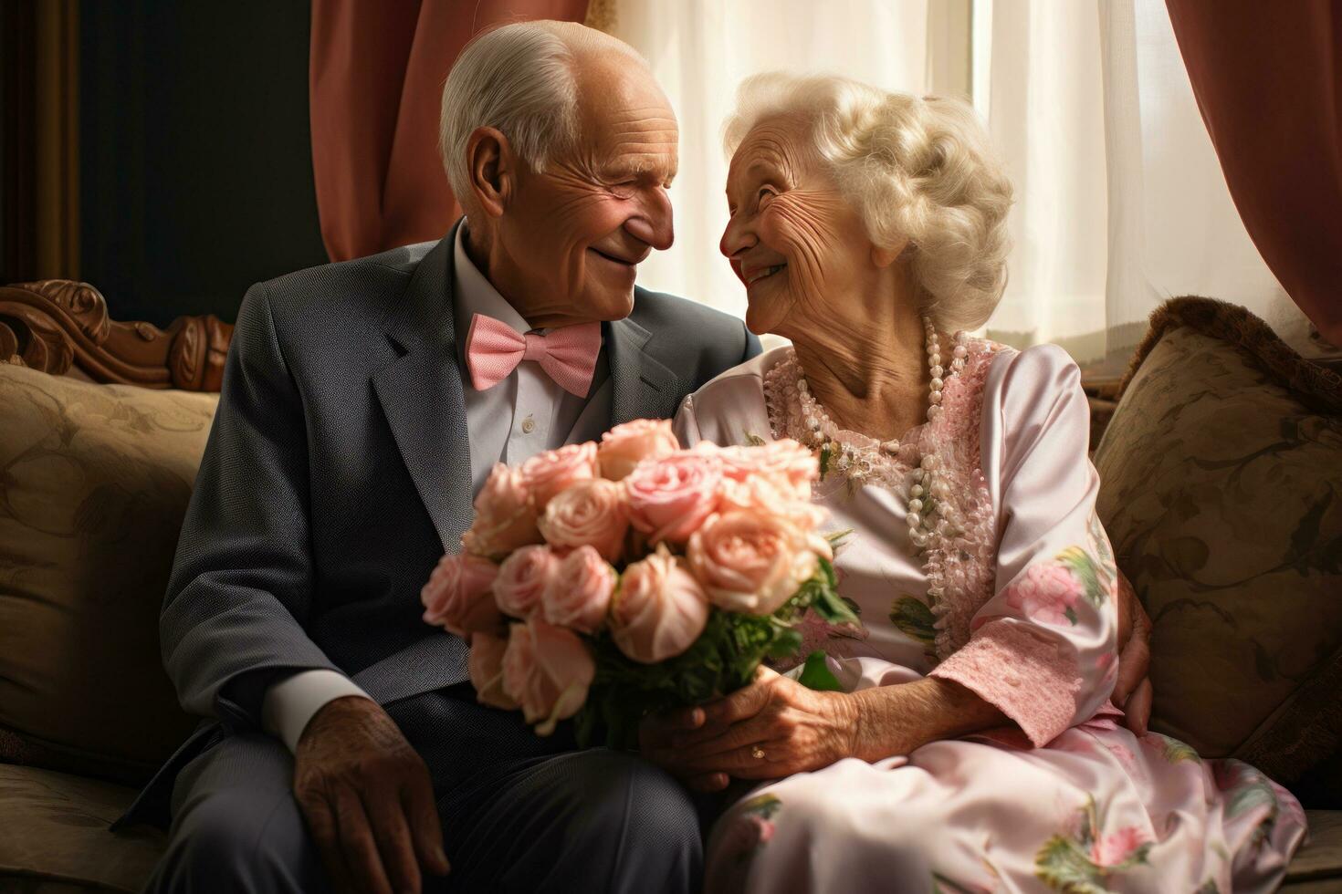 people sitting on sofa stock photo of elderly couple with bouquet of flowers