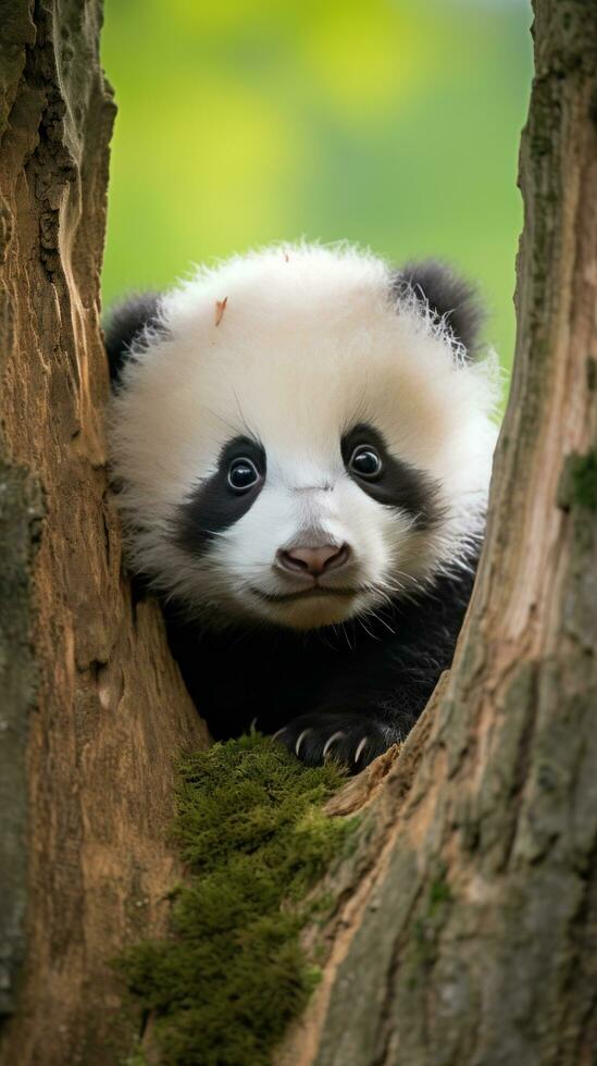 A panda cub peeking out from behind a tree trunk, looking curious photo