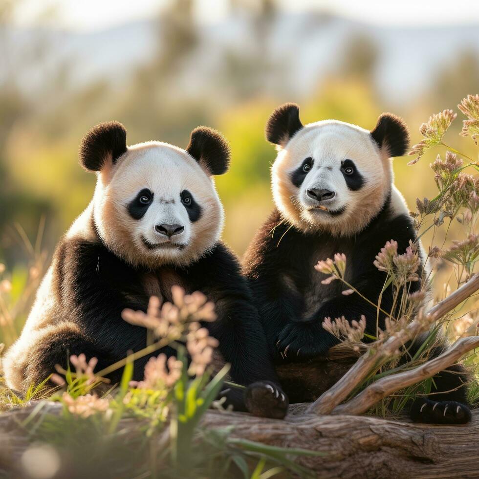 dos pandas sentado juntos mirando contenido y relajado foto