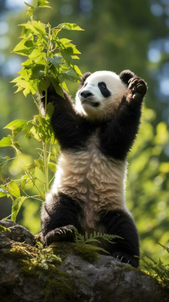 A panda standing on its hind legs, reaching up to grab some bamboo photo