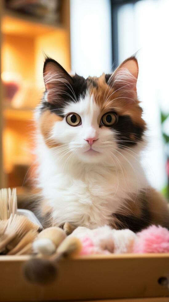 linda calicó gato siendo cardado con un de madera cepillo en un acogedor ajuste foto