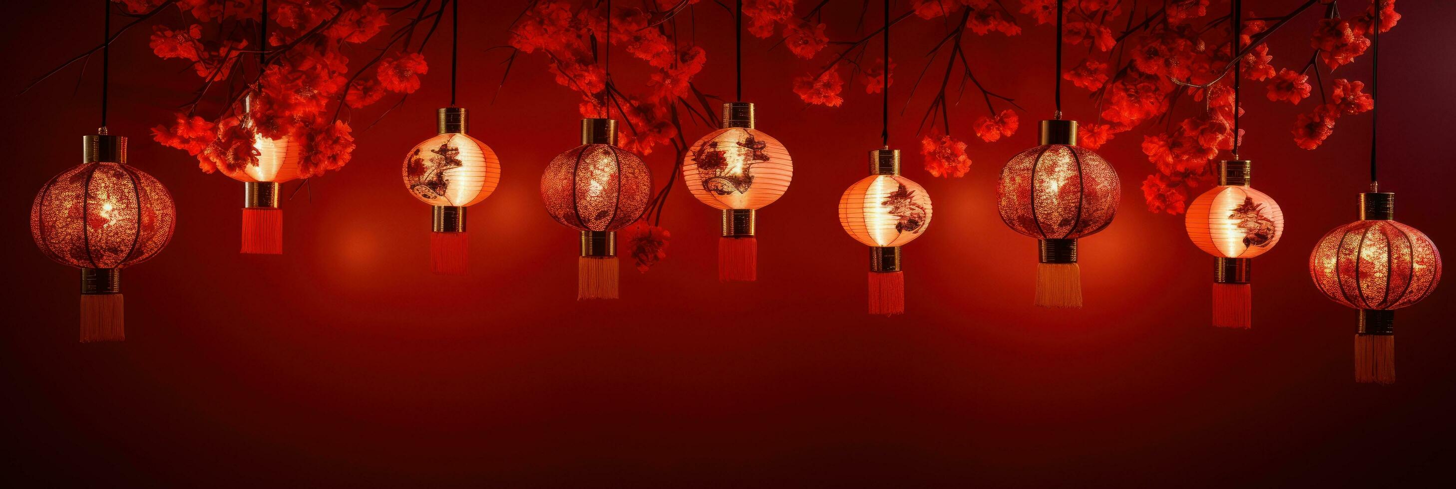 chinese lanterns with fan background on a red background photo