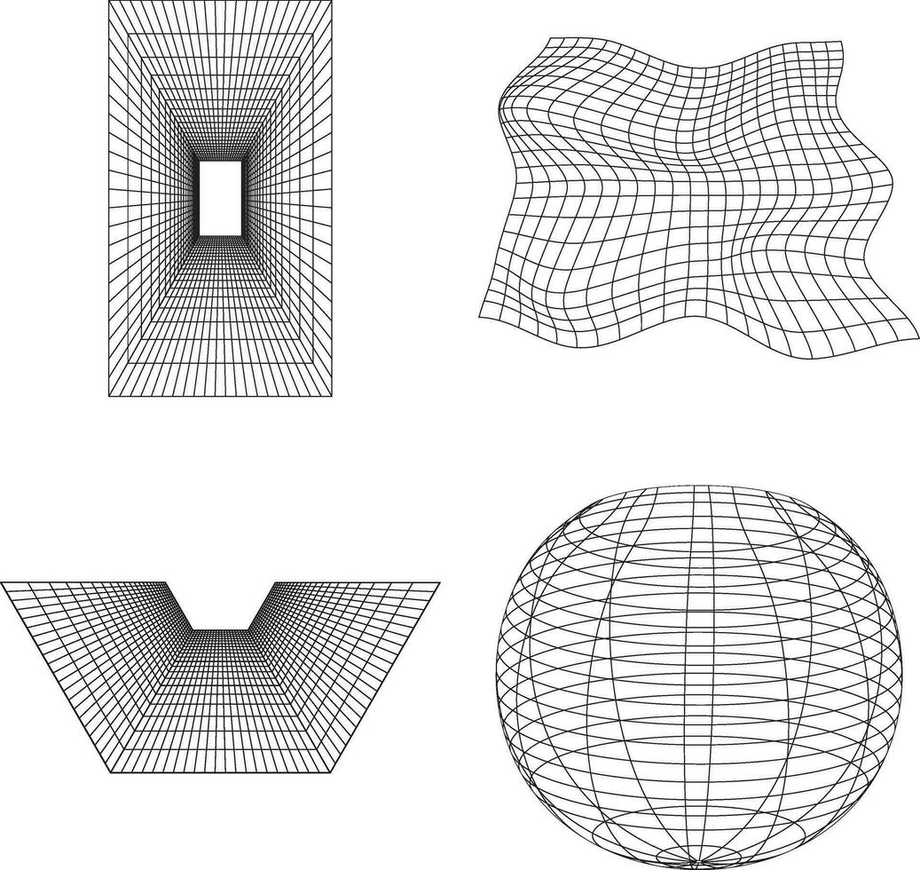 Futuristic Wireframe Shape With Wave Lines. Isolated Vector Set.