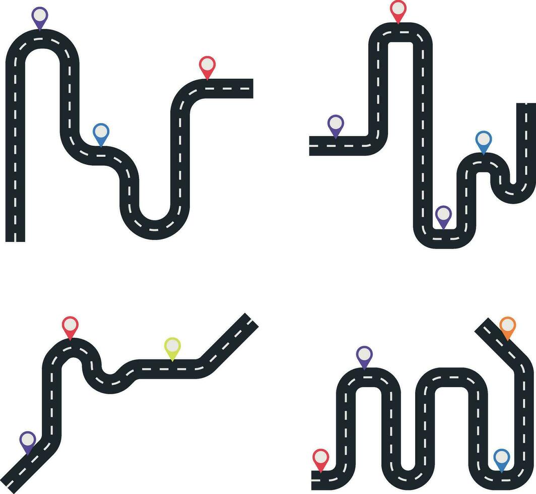 Road Map Route With Location Pin. Isolated Vector Set.