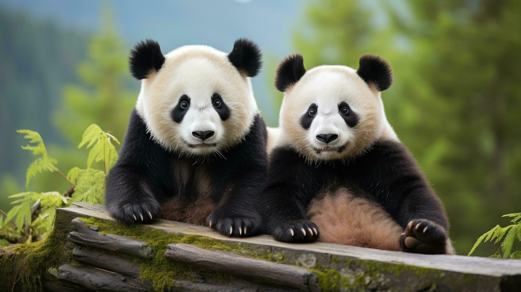 Two pandas sitting together looking content and relaxed photo
