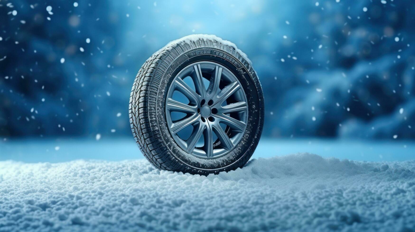 Car tire with realistic snowflakes on blue background photo