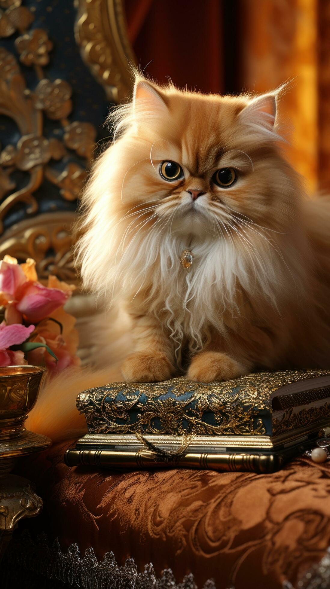Regal Persian cat being brushed with a golden comb in a luxurious