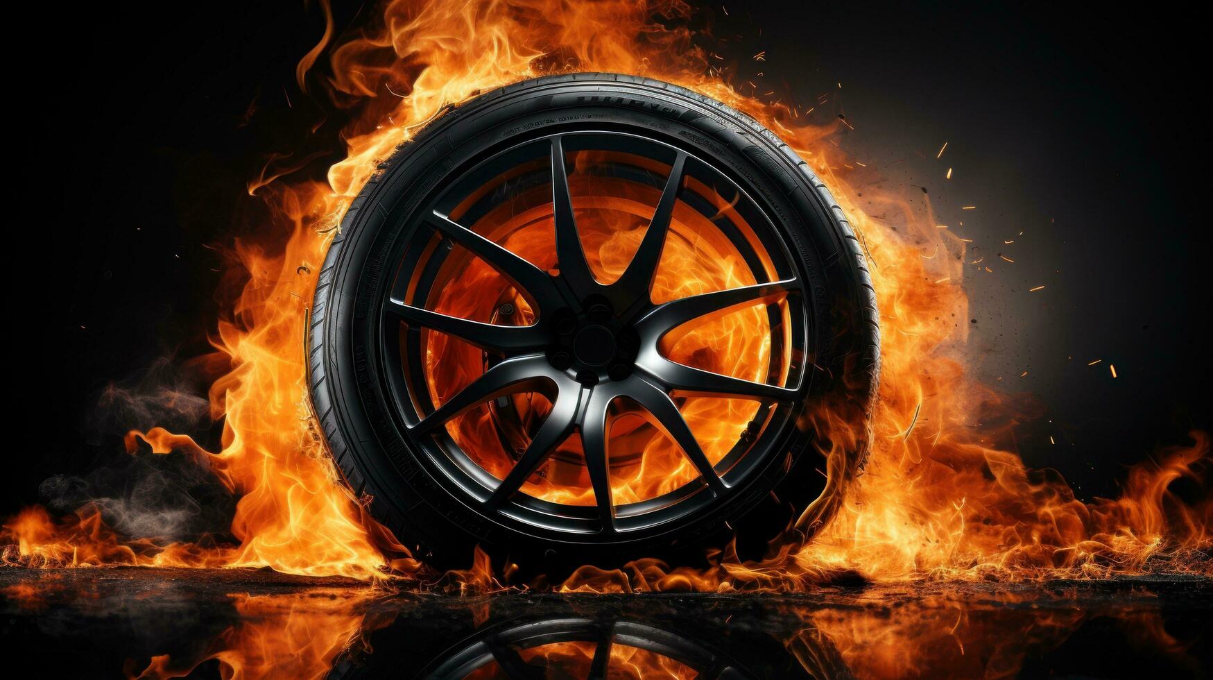 Car tire in fire on black background with large copy space photo