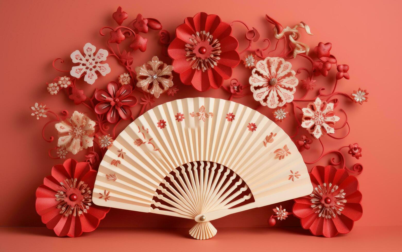 happy chinese new year in style with red chinese paper fan on beige background stockforward photo