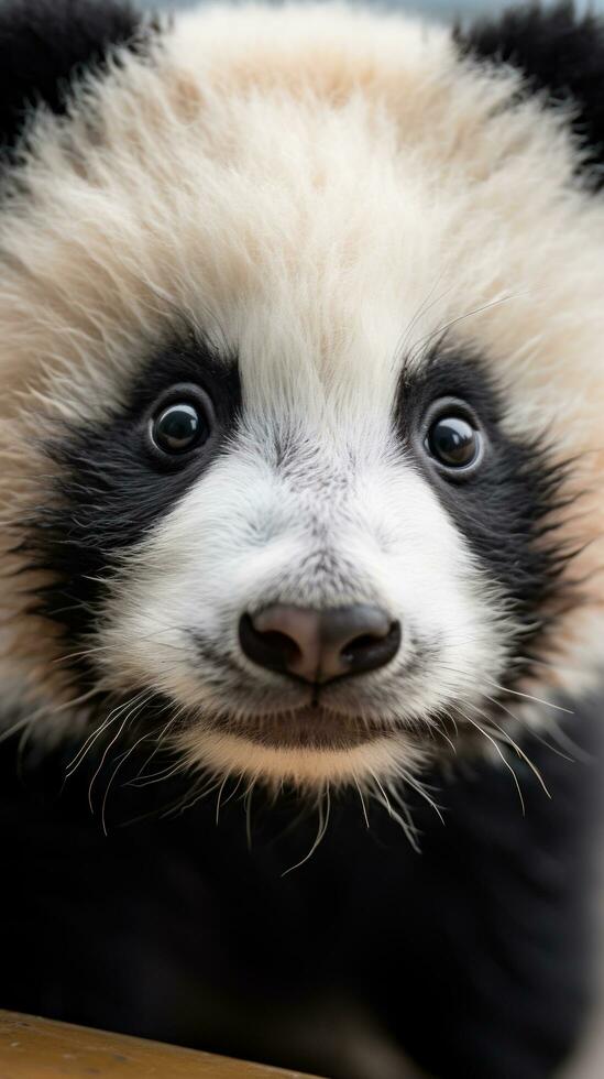 Close-up of a pandas face with adorable black and white photo