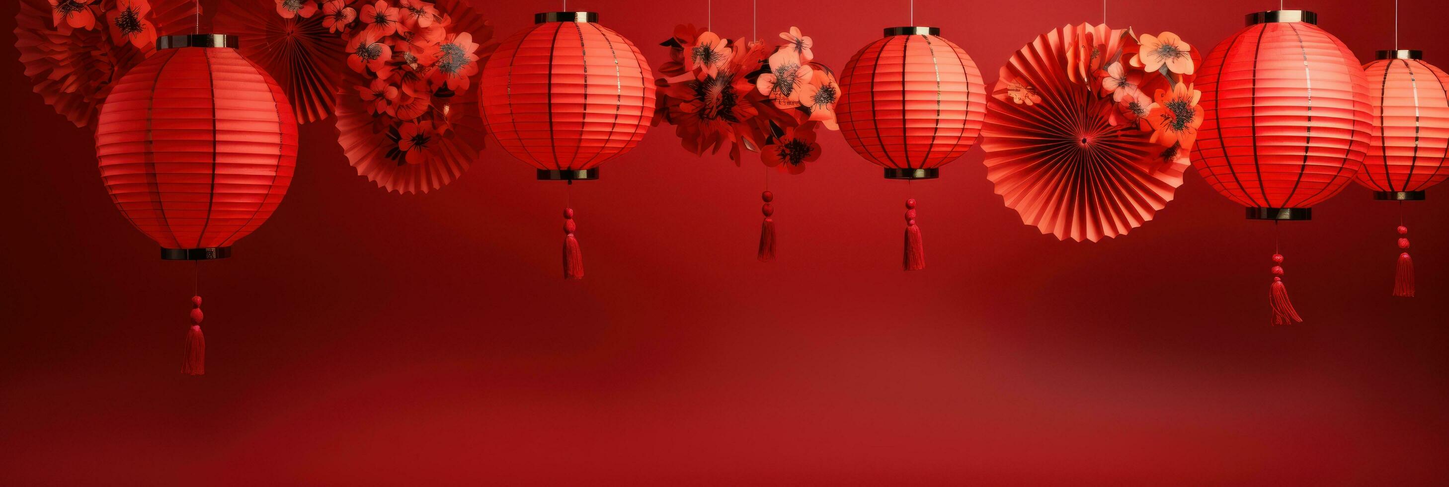 chinese lanterns with fan background on a red background photo
