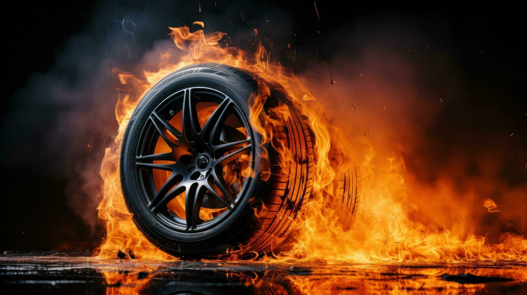 Car tire in fire on black background with large copy space photo