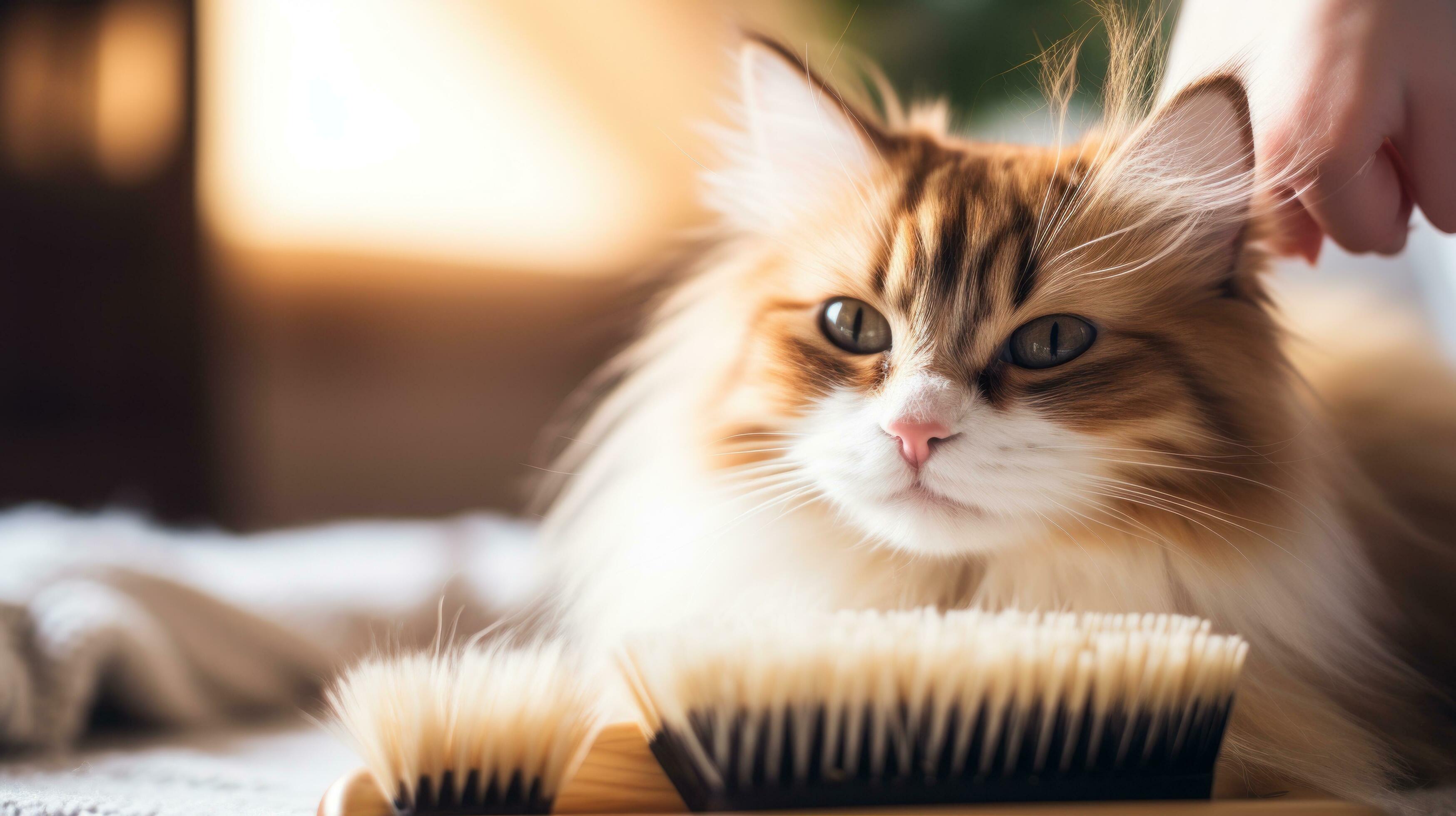 Cute calico cat being combed with a wooden brush in a cozy setting