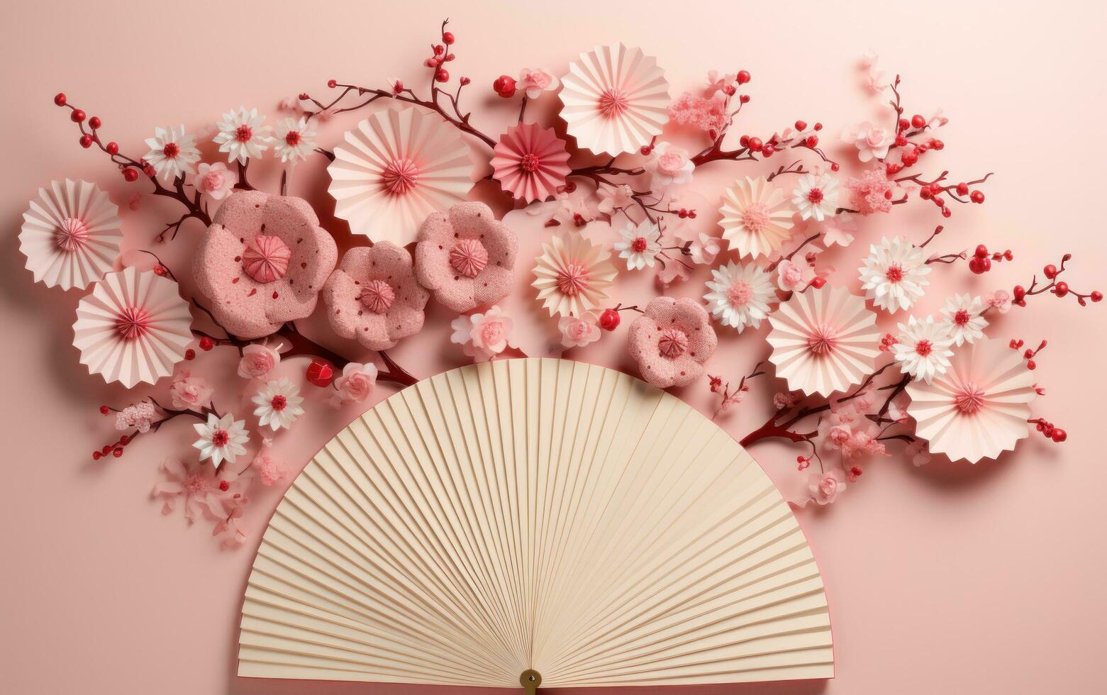 happy chinese new year in style with red chinese paper fan on beige background stockforward photo