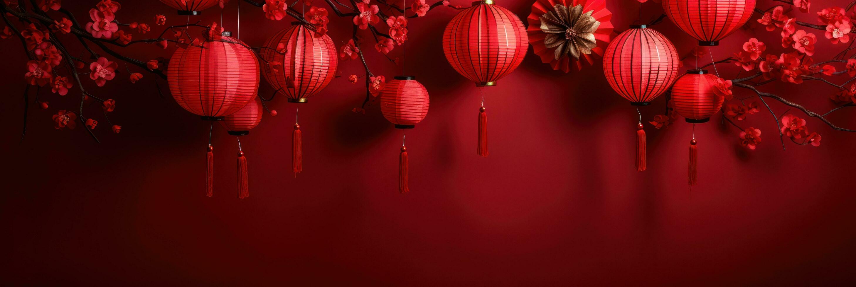 chinese lanterns with fan background on a red background photo