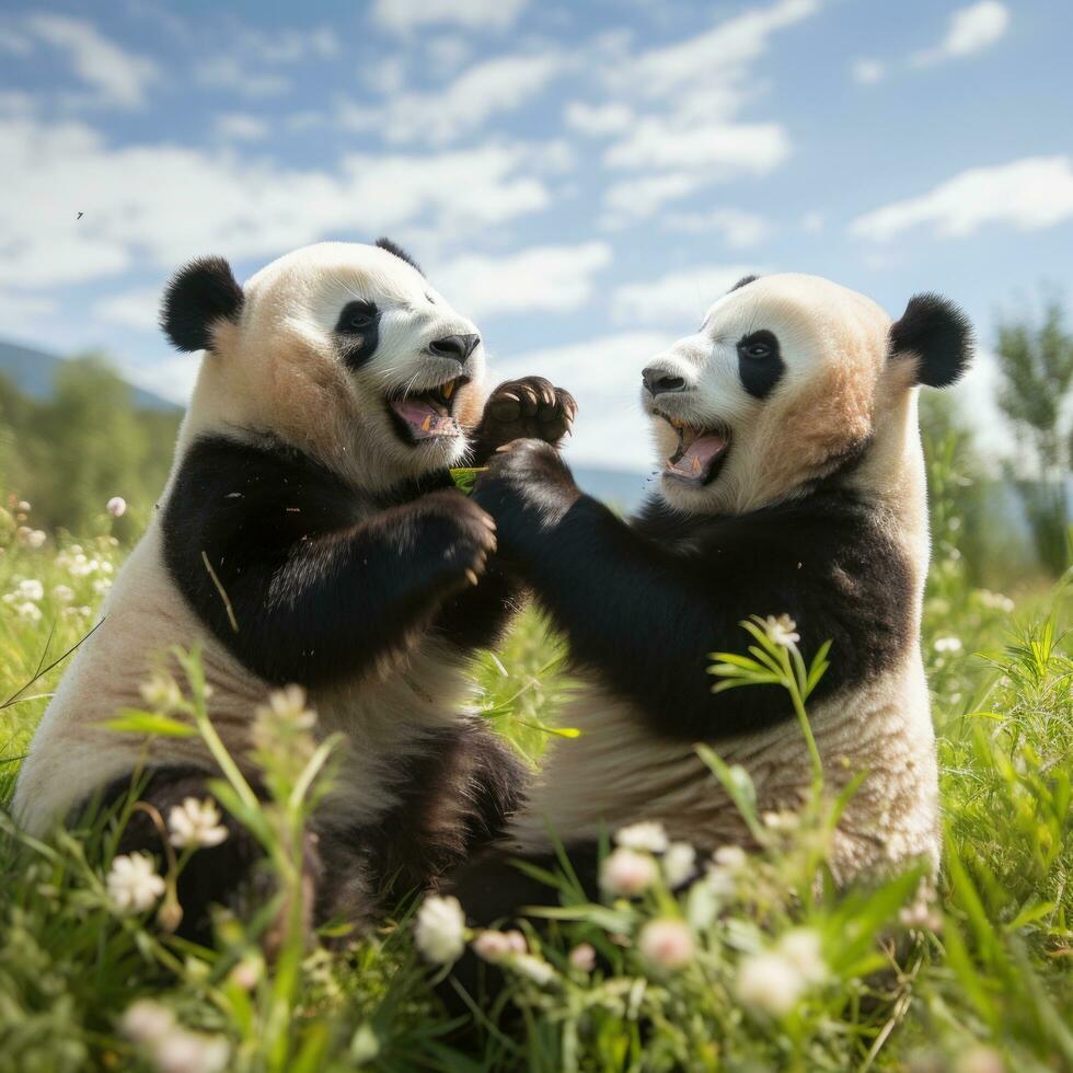 Two pandas playfully wrestling in a grassy field photo