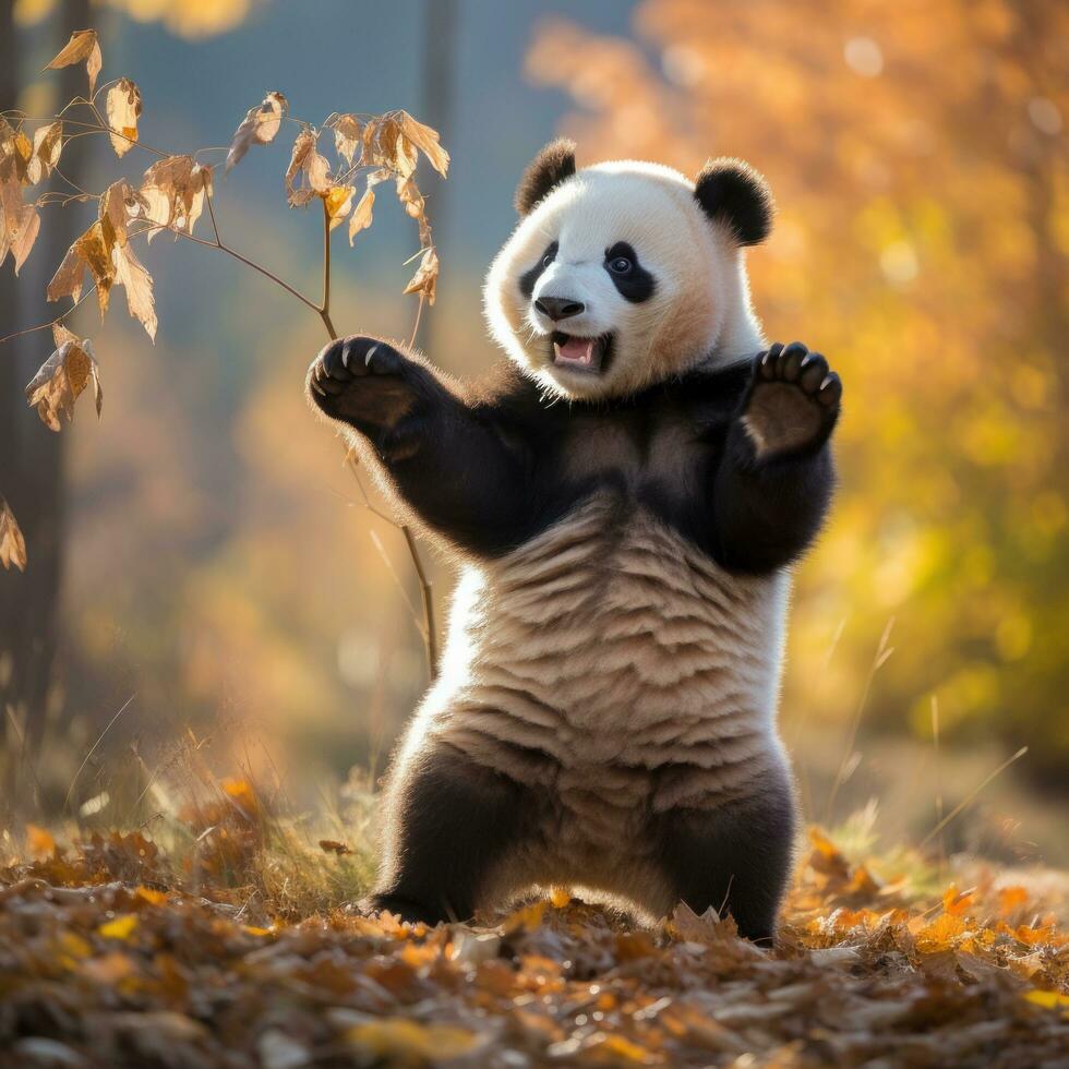 A panda standing on its hind legs, reaching up to grab some bamboo photo