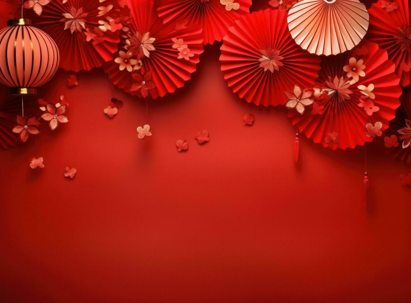 chinese lanterns with fan background on a red background photo