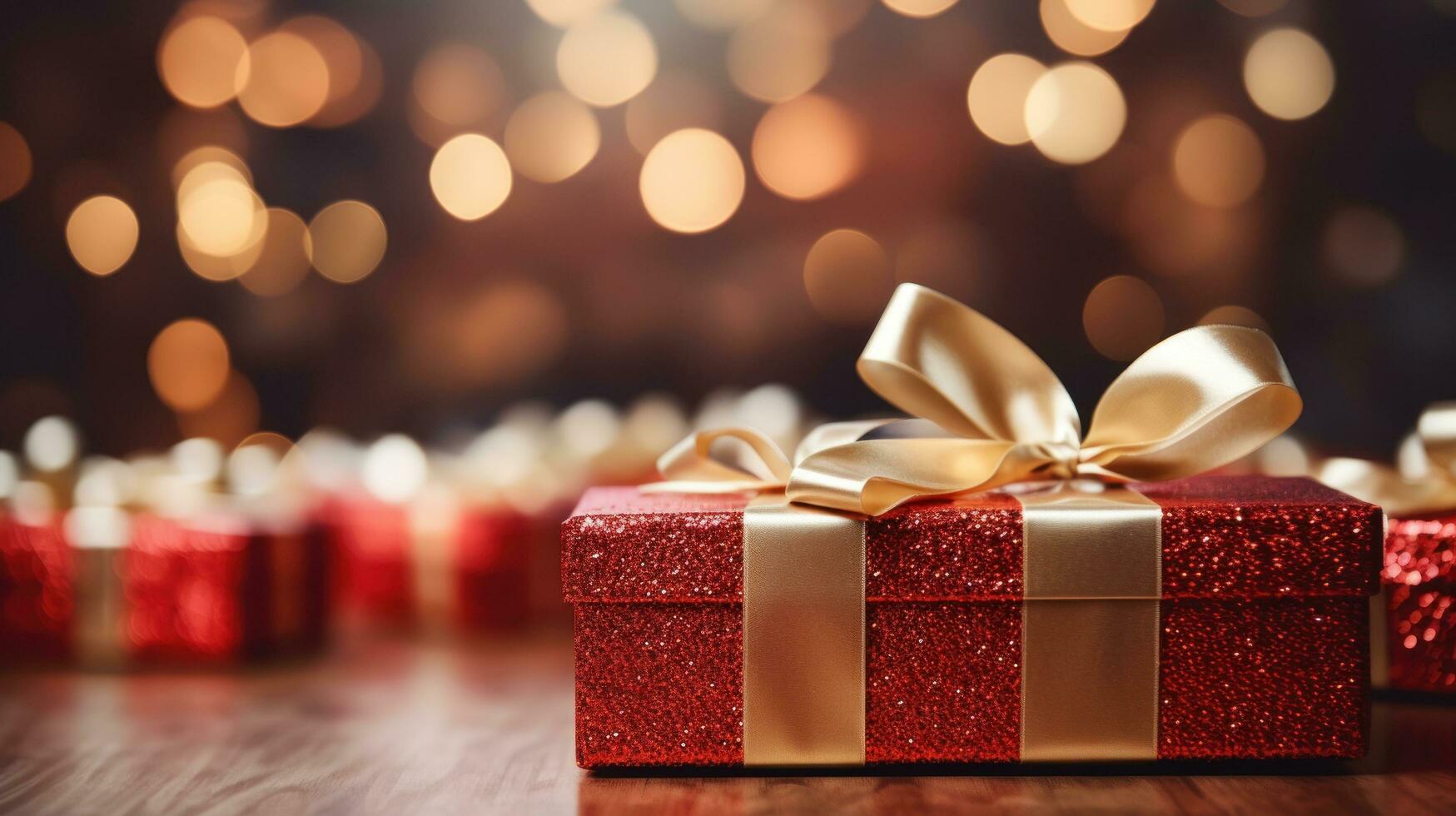 Christmas red gift boxes with gold bow on defocused holiday background with copy space photo