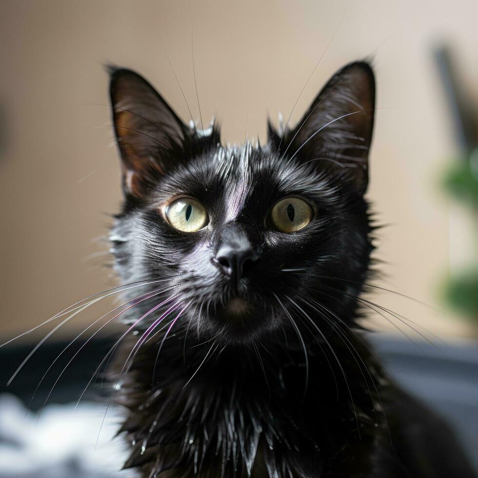 Elegant black cat showing off its glossy coat during a grooming session