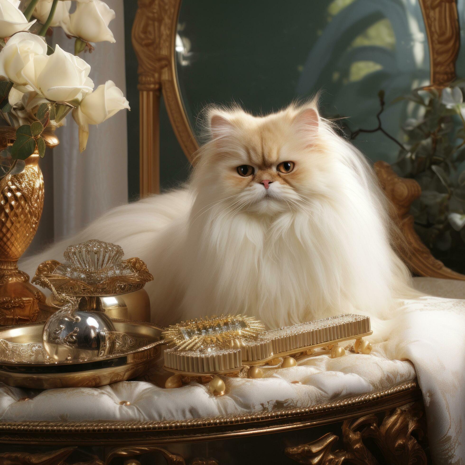 Regal Persian cat being brushed with a golden comb in a luxurious