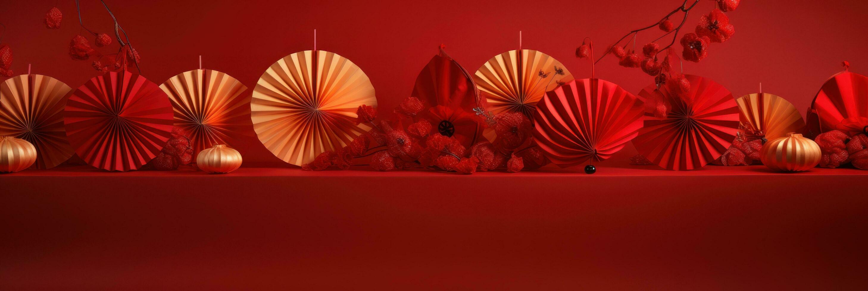 chinese lanterns with fan background on a red background photo