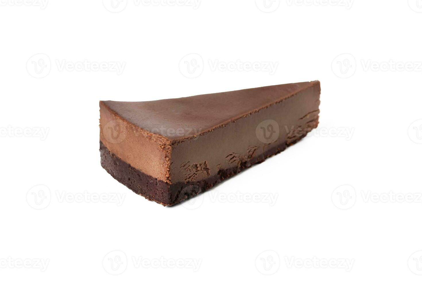 Slice of chocolate cheesecake on white background isolated back view photo