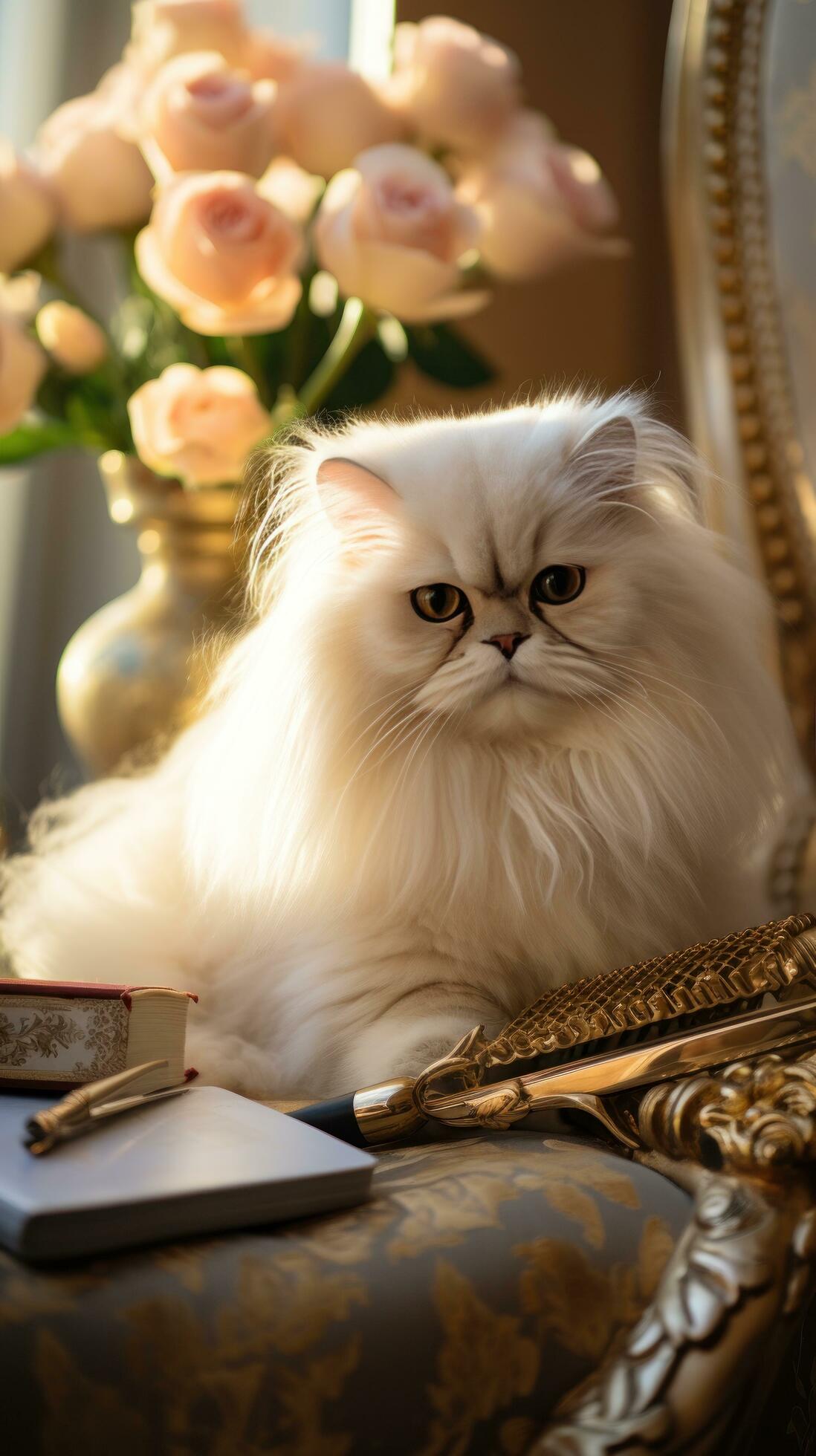 Regal Persian cat being brushed with a golden comb in a luxurious