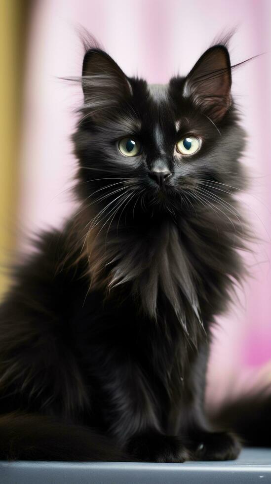 Elegant black cat showing off its glossy coat during a grooming session photo