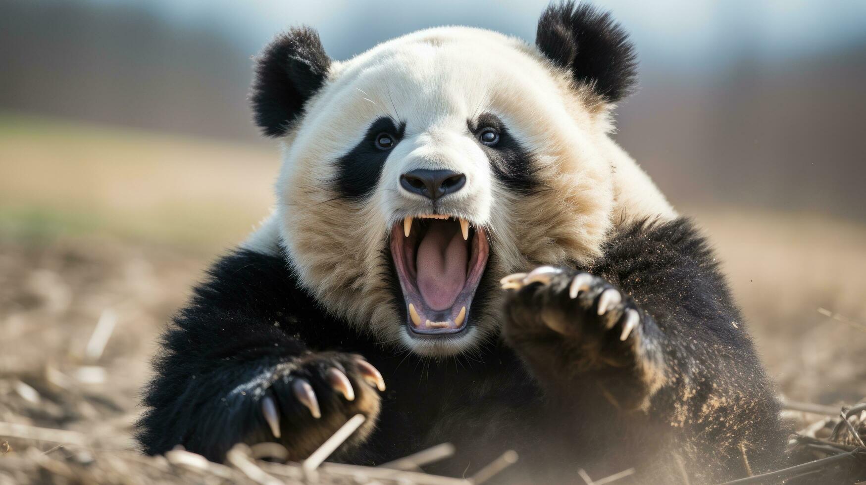 pandas playfully wrestling in a grassy field photo