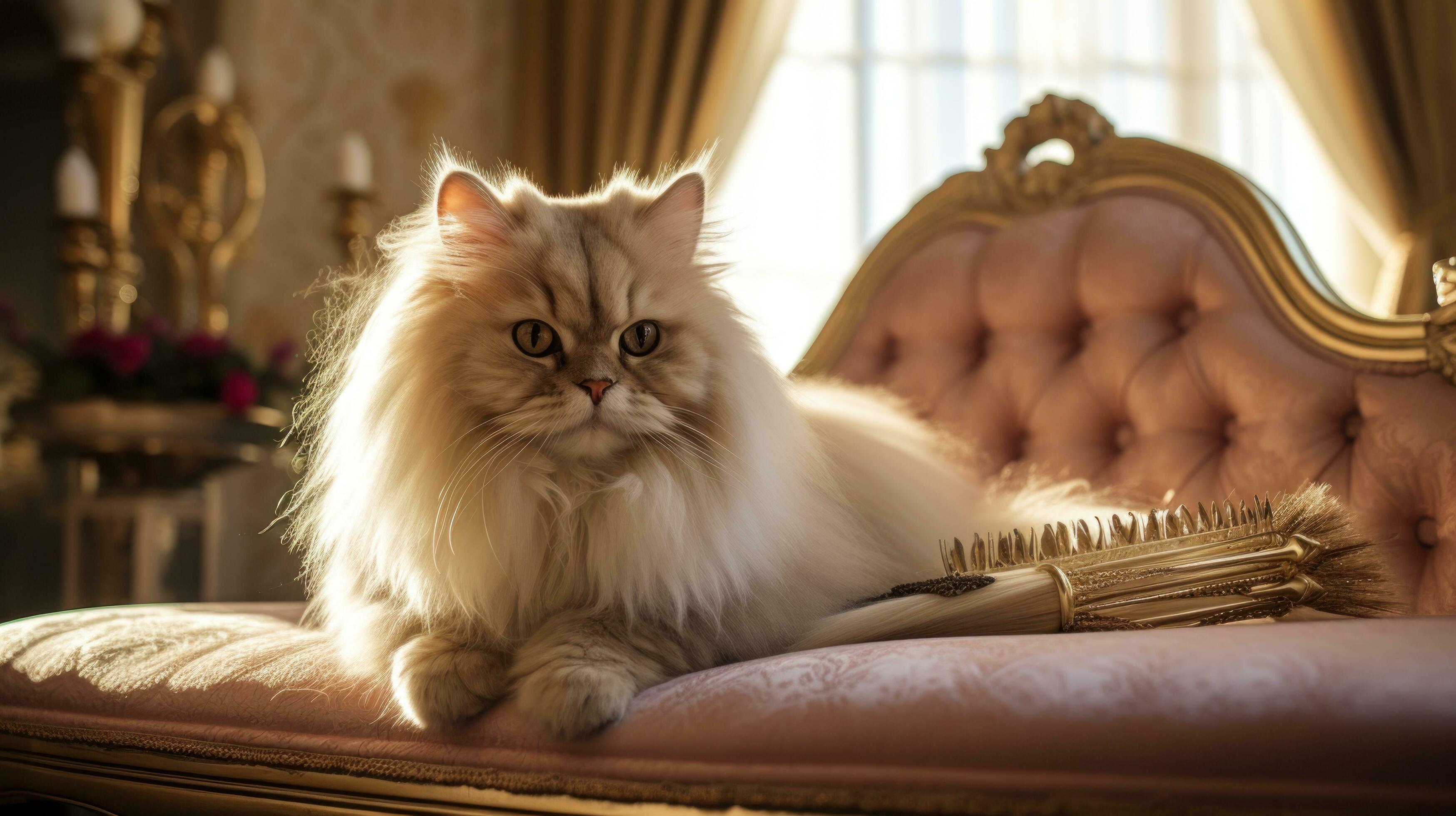 Regal Persian cat being brushed with a golden comb in a luxurious