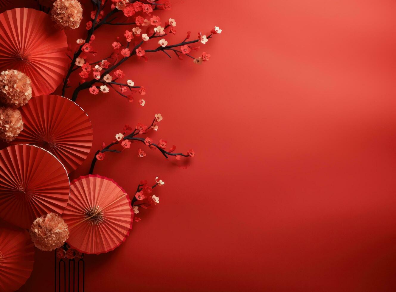 chinese lanterns with fan background on a red background photo